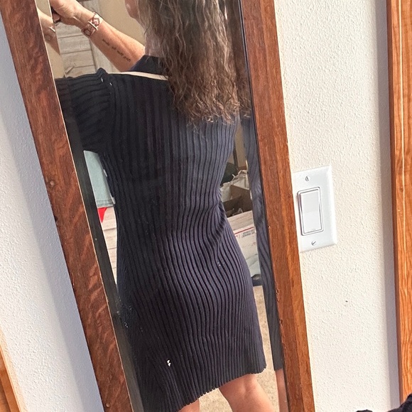Navy Ribbed Knit Polo Dress with White Stripes- Small- NEW - Picture 5 of 12